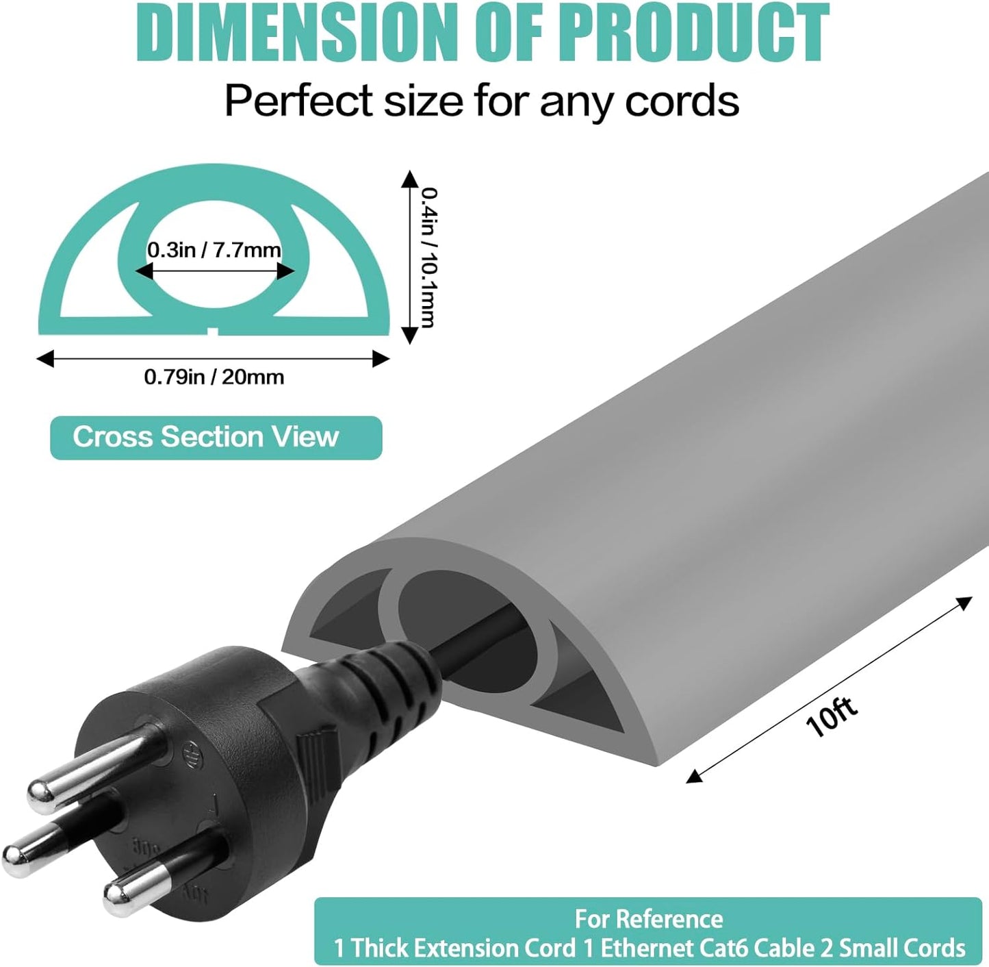 Floor Cord Cover Self Adhesive Cord Hider,10FT Cable Management, Extension Strip Protector for Wires, Prevent Cable Trips for Offices, Gyms, Exhibitions Cavity:0.3"(W) x 0.28"(H) Gray