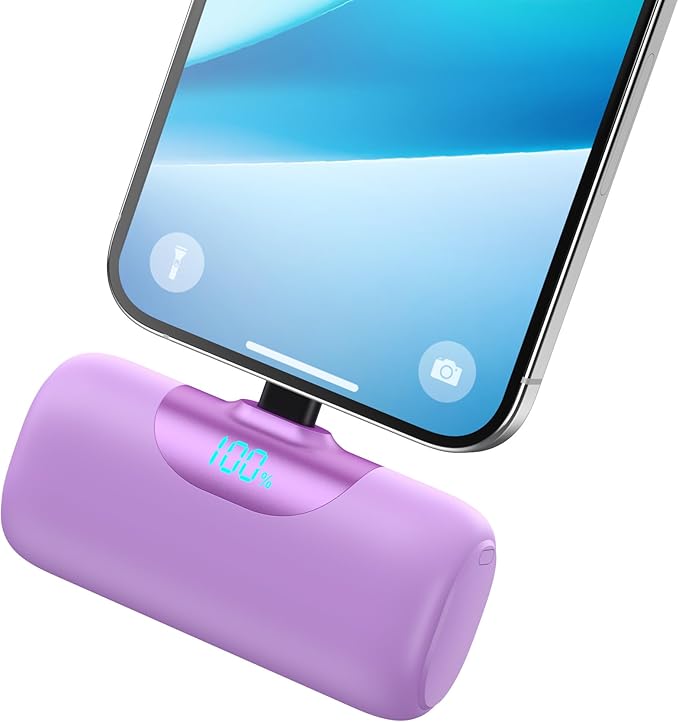 Mini Portable Charger for iPhone,Upgraded 22.5W PD Fast Charging 5500mAh Ultra-Compact Power Bank,LCD Display Plug-in Cute Battery Pack Travel Essentials for iPhone 14/14Pro/13/12/11/X/8/7/6 (Purple)