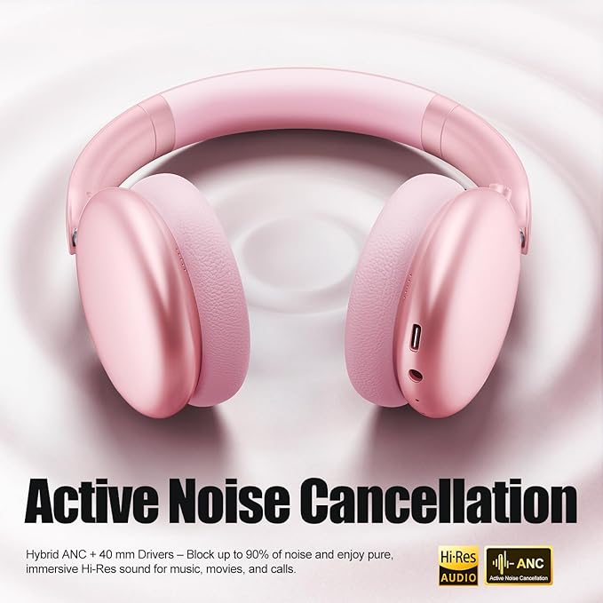 Wentronic Y06 Noise Cancelling Headphones,58H Playtime and 5 EQ Music Modes Wireless Over Ear Bluetooth Headphones with Microphone,Lossless Audio,Multipoint Connection,Foldable,Lightweight,Pink