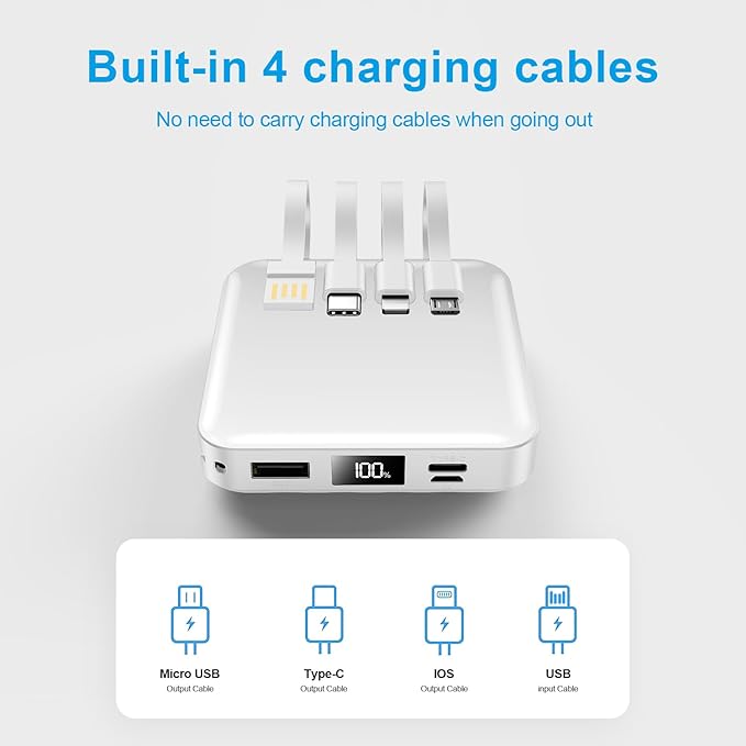 Portable Charger with Built-in Cable,12000mAh 22.5W Fast Charging Small Power Bank,USB C Input/Output with Smart LED Display,External Battery Pack for iPhone,Tablet,Samsung