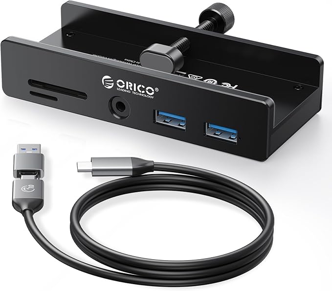 ORICO USB Hub 3.0, Clamp USB Hub with Extra Power Port, Aluminum USB C Adapter with 2 USB-A Data Ports,3.5mm AUX, SD/TF Card Reader for Desktop(Black)