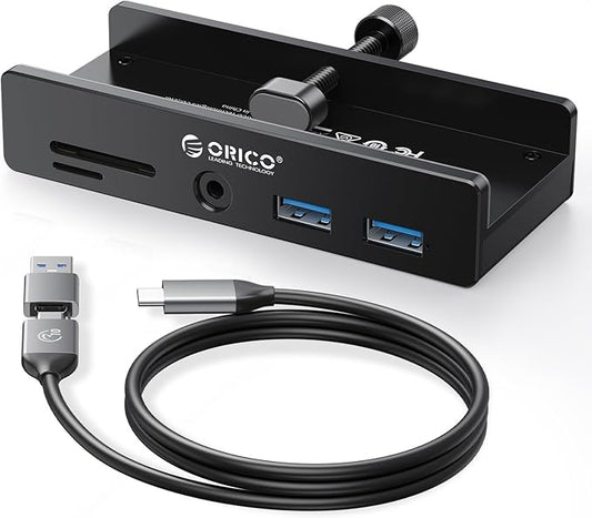 ORICO USB Hub 3.0, Clamp USB Hub with Extra Power Port, Aluminum USB C Adapter with 2 USB-A Data Ports,3.5mm AUX, SD/TF Card Reader for Desktop(Black)