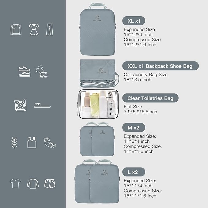 Lightweight Compression Packing Cubes for Suitcases, Compressible Expandable Travel Packing Organizer with Clear Toiletries and Backpack Bag, Travel Essentials for Carry on Luggage 7 Set