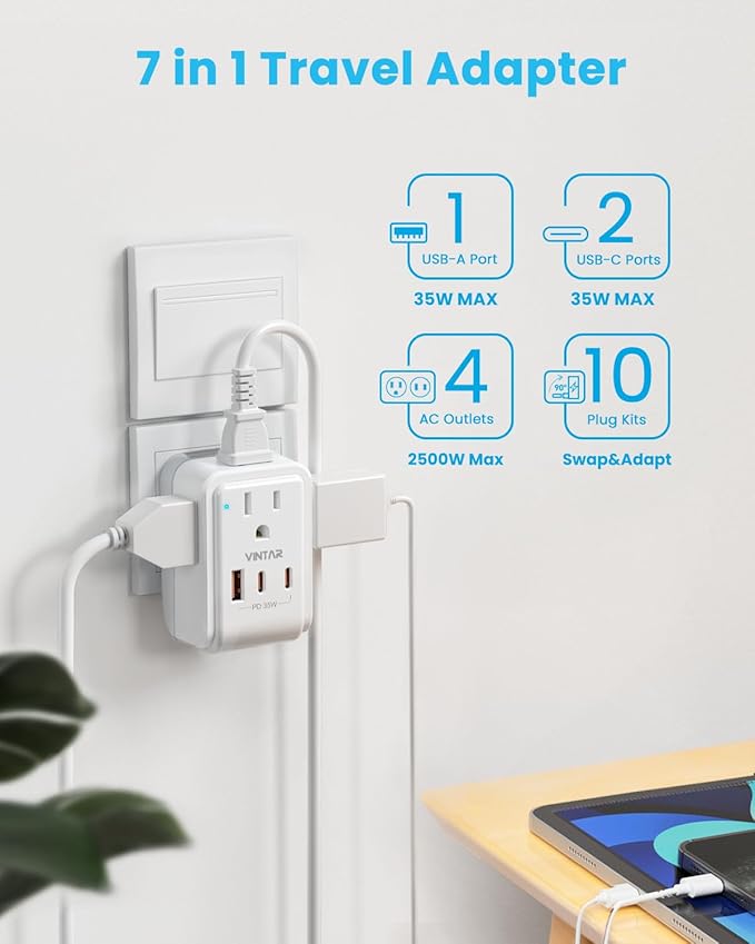 Universal Travel Adapter Kit, VINTAR PD 35W International Power Adapter with 4 AC and 3 USB Ports(2 USB-C), Type A,B,C,D,E/F,G,H,I,L,M Detachable Attachments, Travel Adapter Worldwide for EU/UK/Africa