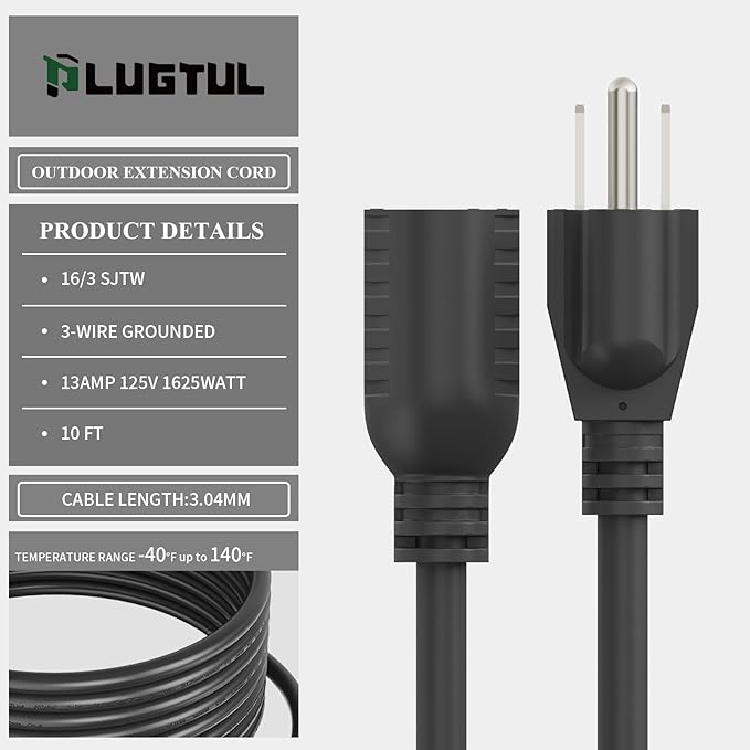 PLUGTUL 2-Pack 10 FT Outdoor Extension Cord Waterproof 16/3 Black Heavy Duty 3 Prong Extension Cord, 13A 1625W SJTW, ETL Listed, Great for Garden and Home