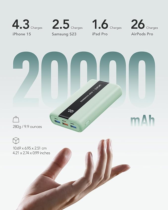 VRURC Power Bank,20000mAh Portable Charger Fast Charging,Compact Travel Essentail,4 Outputs 3 Inputs Battery Pack USB C for iPhone Series,Samsung,Android-Green