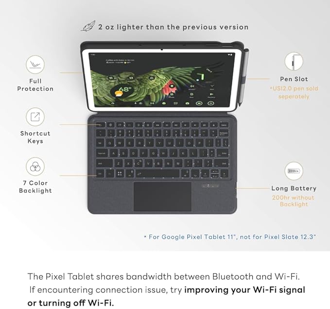 EIP Magnetix Keyboard Case for Google Pixel Tablet 11 inch (2023), Adjustable Viewing Angle, Detachable, Easy Carry, Protective Cover Compatible with Speaker Dock, 7 Backlight Color, US Layout