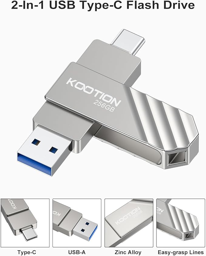 KOOTION 256GB USB 3.2 Flash Drive Metal Type C USB Solid State Drive Up to 450MB/s Dual USB C Flash Drive Swivel Thumb Drive Pen Drive Memory Stick for iPhone15, Silver