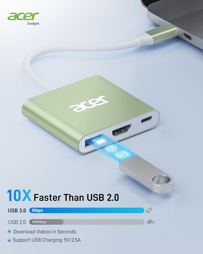 Acer USB C to HDMI Adapter, 4K HDMI to USB-C Adapter with 100W PD & USBA 3.0 Port Multiport Digital AV Converter for MacBook Pro/Air, iPad, iPhone 15/16, Tablets, Switch, TV, Monitor and More (Green)