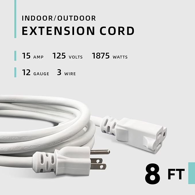 8ft Indoor Outdoor Extension Cord - 12/3 SJTW Heavy Duty Extension Cable with 3 Prong Grounded Plug for Safety -15Amp 1875W White Electric Cord Great for Garden, Appliances