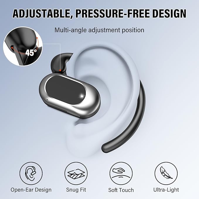 Open Ear Headphones, Bluetooth 5.4 Earphones 36H Playtime Air Conduction Headphones with Mic, Adjustable Earhook Earbuds with ENC Clear Calls/LED Display, IPX7 Waterproof Open Ear Earbuds Black