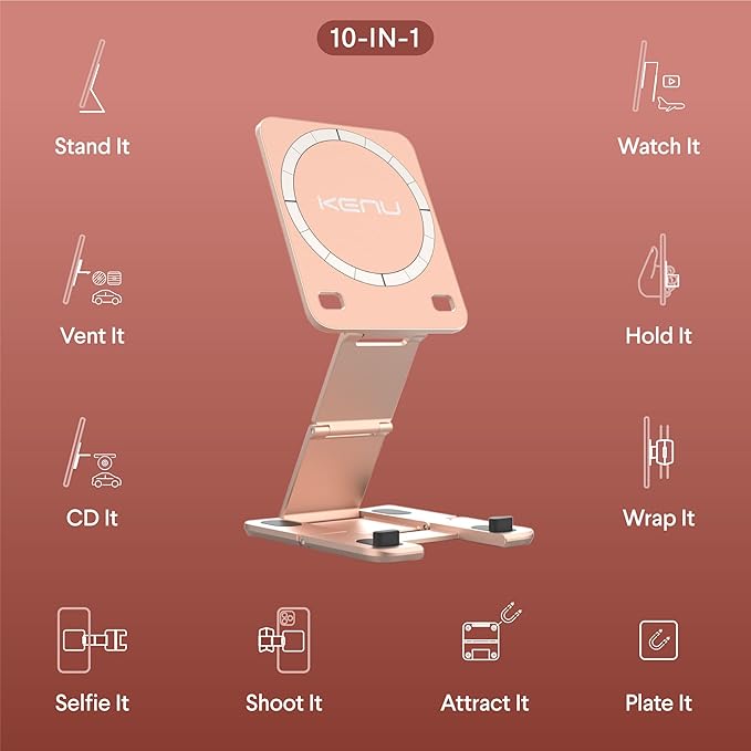 Kenu Stance+ 10-in-1 MagSafe Super Gadget, Magnetic Tripod Stand, Car Ventilation + Dashboard + CD Holder, Finger Holder, Aeroplane Mount, Selfie Stick, More (Rose Gold)