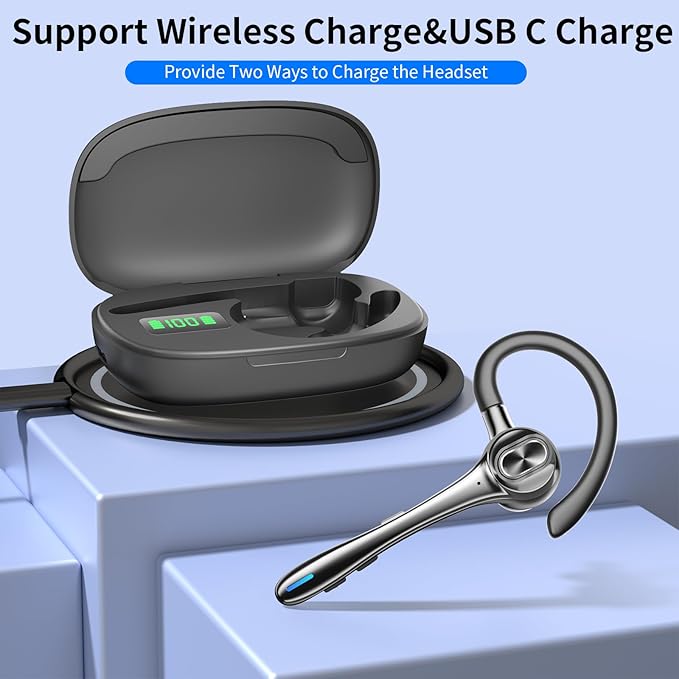 Bluetooth Earpiece Wireless Headset with Noise Cancelling Microphone 160H Standby Time Hands Free Over Ear Ear phone LED Diaplay Charging Case for IOS Android Samsung Cellphones Truck Drivers Business