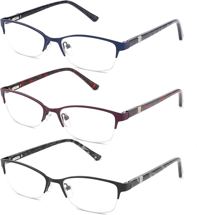 CRGATV 3-Pack Reading Glasses for Women Blue Light Blocking Metal Half Frame Computer Readers Anti UV/Eye Strain/Glare
