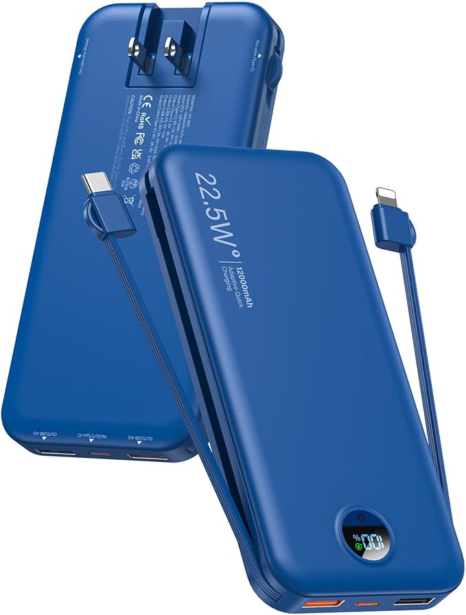 Portable Charger, 12000mAh 22.5W USB C Power Bank Fast Charging with Built-in Cables & Wall Plug, 5-in-1 External Battery Pack with LED Display, Perfect Backup Charger for iPhone, iPad, Samsung Navy