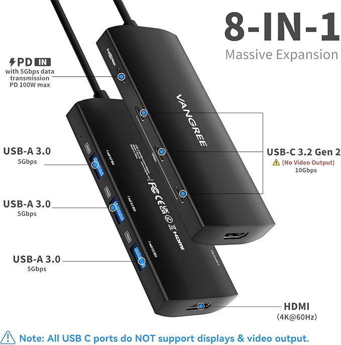 USB C Hub 8 in 1 Multiport Adapter, 3 USB 3.2 Gen 2 Ports with 10Gbps, 3 USB-A 3.0 5Gbps, 4K@60Hz HDMI, 100W PD, USBC Splitter for MacBook Pro, iPad Pro, Mac mini and More(Not Support USB-C Monitor)