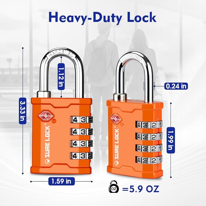 SURE LOCK TSA Accepted 4 Dig Heavy Duty Big Combination Luggage Padlock All Metal Travel Lock for Equipment Hard Case Luggage Gun Case Gym Locker Pelican Vault Lock (2, Orange)
