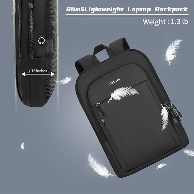 MOSISO Laptop Backpack for Men, Slim Lightweight Compact Computer Backpack for College Work Business Office Travel, 17.3 inch Waterproof Commute Laptop Bag Casual Daypack with Luggage Strap, Black