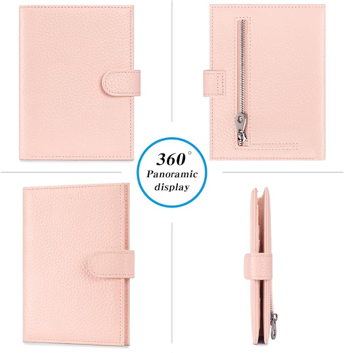Passport Holder for Travel Women RFID Blocking Genuine Leather Passport Wallet with Card Slots, Zipper Coins Pocket, Cash Holder, Pink