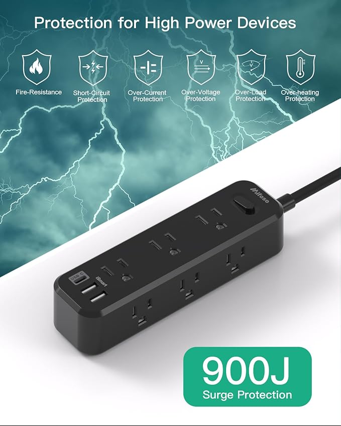 Black Extension Cord 10FT, Surge Protector Power Strip, Long Extension Cord with 9 Outlets 3 USB Ports, Extension Cord with Multiple Outlets, USB Power Strip for Home, Office, Dorm Room Essentials