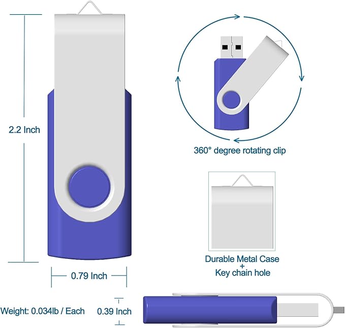JBOS 32GB USB 2.0 Flash Drive 10 Pack - Swivel Thumb Drives with Blue Label Sheet