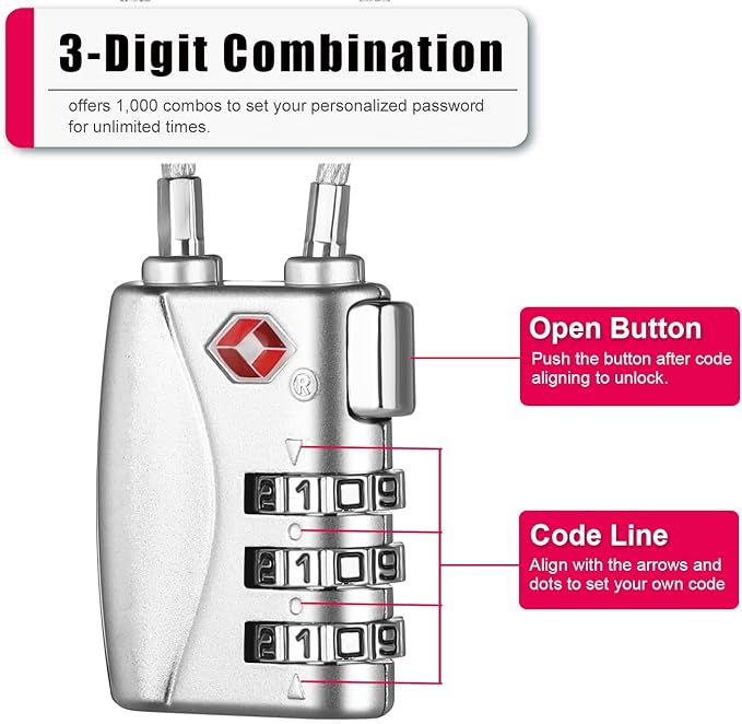 ZHEGE TSA Wire Lock 2 Pack Cable Luggage Lock with Alloy Body for Suitcase, Baggage, Backpack, Pistol Case (Silver)