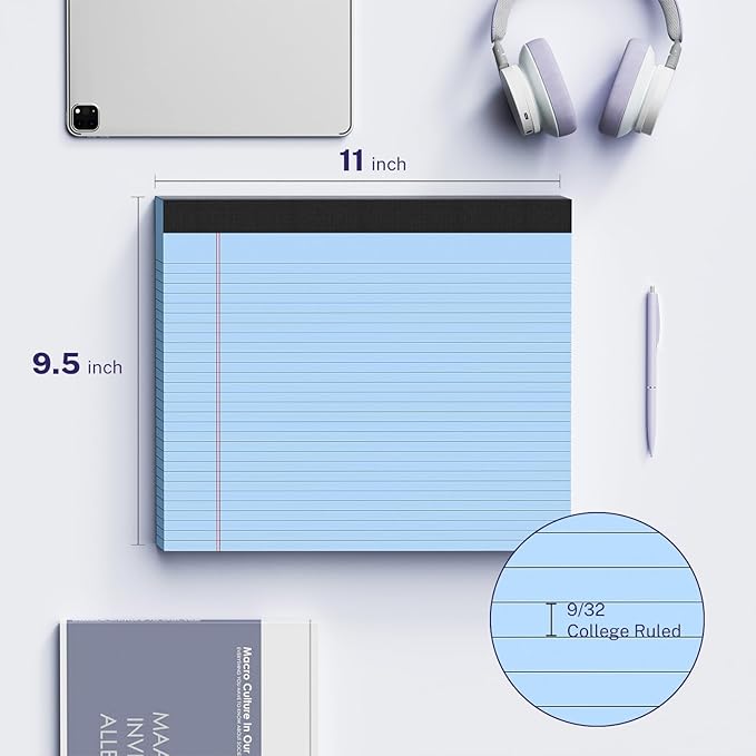 3 Pack Wide Legal Pads 11" x 9.5" (Landscape Format) Blue College Ruled Note Pad Narrow Ruled 30 Sheets per Notepad Perforated Writing Paper with Thick Backboard Horizontal Pads of Paper