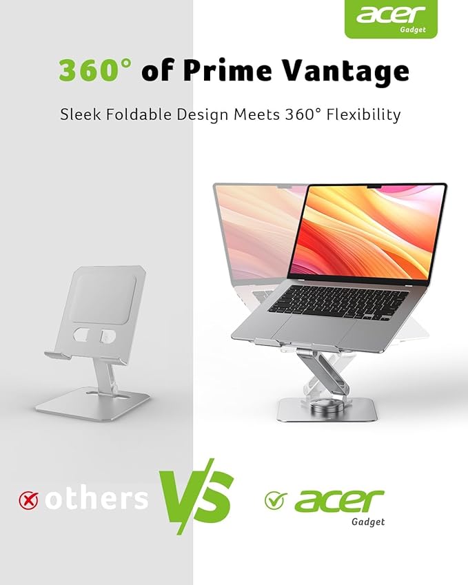 acer Laptop Stand for Desk - with 360 Swivel Base, Rotating Laptop Riser for Desk, Adjustable Computer Stand for Laptops, Ergonomic Riser Holder Foldable, Portable MacBook Pro Air (10-16") - Silver