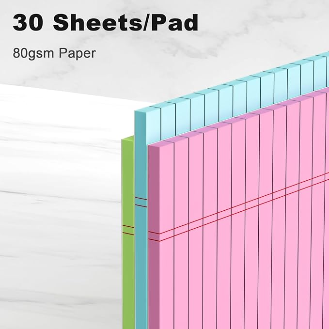 Colored Legal Pads 8.5 x 11 Note Pads 8.5x11 inch, Wide Ruled Clear Print Writing Pads 30 Sheets/Pad, 20lb Colored Paper, Perforated Notepad with Sturdy Back (3 Pads)