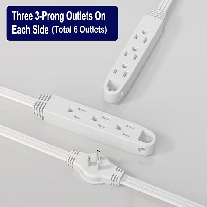 3-Prong Twin Extension Cord 16FT Double Cord 8 FT Each Side Slim Flat Head Extension Cord Total 6 Outlets