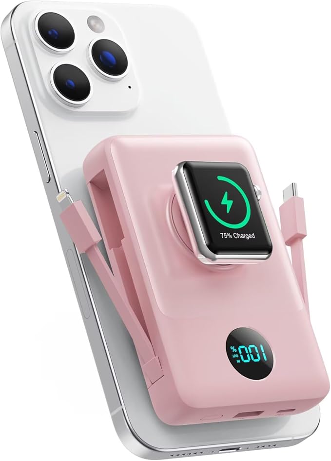 Magnetic Portable Charger 10800mAh with Built-in Cables, 6-in-1 Wireless Power Bank with iWatch Charger, 25W PD Fast Charging USB C Battery Pack for iPhone 16/15/14/13/12,Apple Watch(Pink)