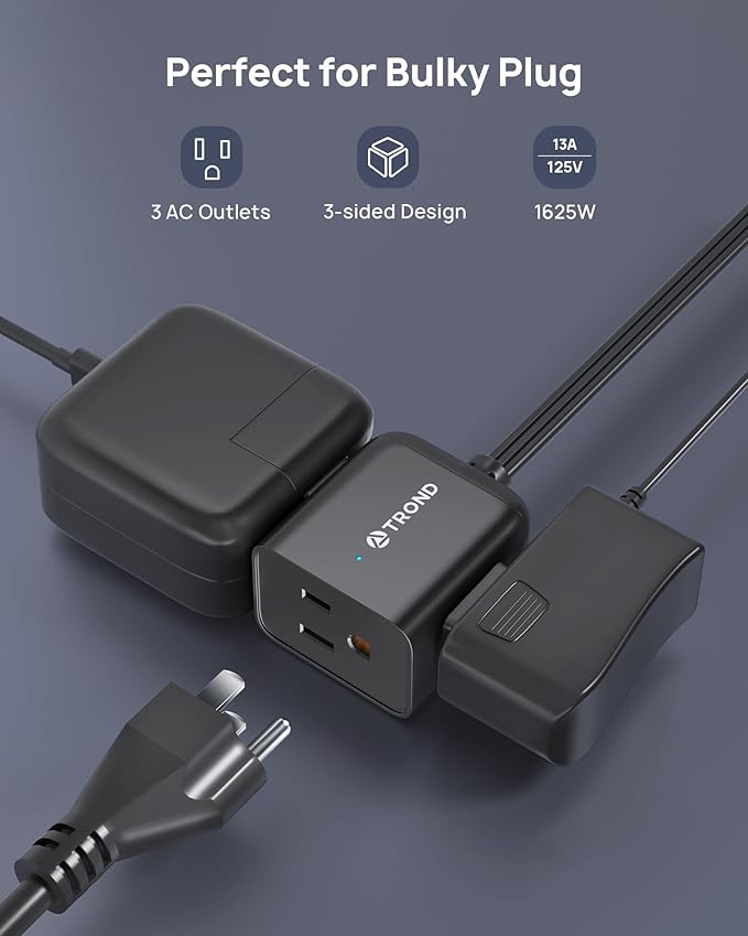 TROND 360° Rotating Flat Plug Extension Cord 3ft, Low Profile Small Power Strip, Three Side Grounded Outlet, 13A, Short SPT 16/3 Gauge Cable for Indoor Home Office Cruise Travel Essentials, Black