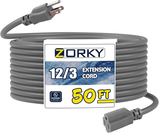 50ft Indoor Outdoor Extension Cord - 12/3 SJTW Heavy Duty Extension Cable with 3 Prong Grounded Plug for Safety -15Amp 1875W Gray Electric Cord Great for Garden, Appliances