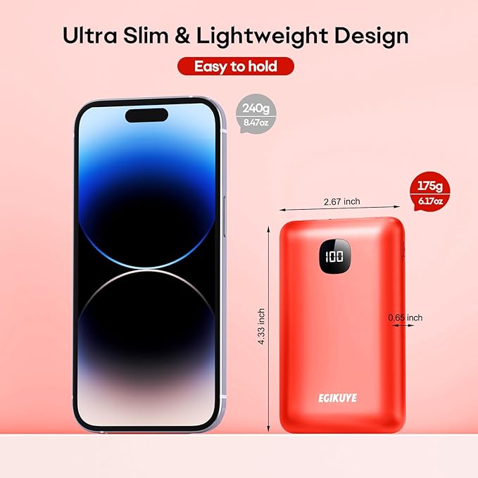 Portable Charger 10000mAh Power Bank with Digital Display, External Battery Pack with Built-in Cables, Ultra-Compact USB-C in&Out Travel Essential for iPhone, Android, Samsung etc (Red)