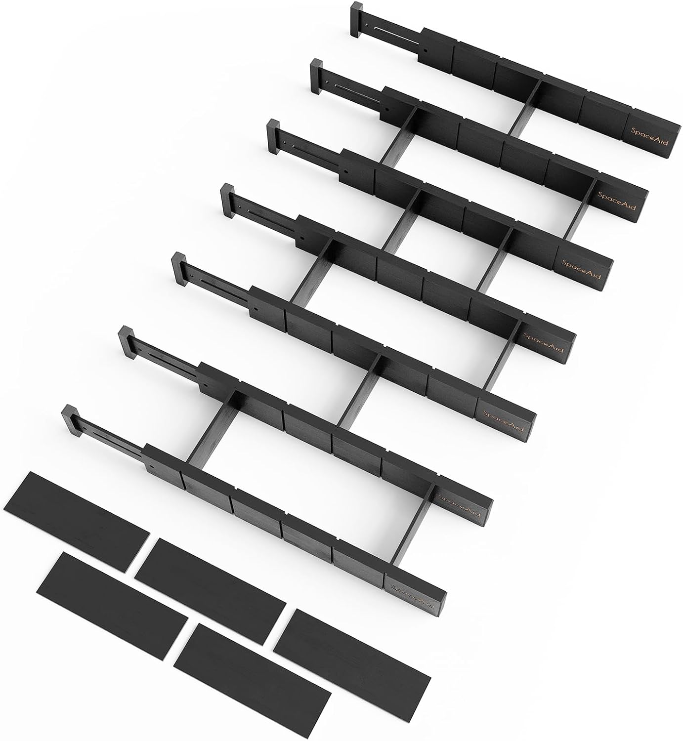 SpaceAid Bamboo Drawer Dividers with Inserts and Labels, Kitchen Adjustable Drawer Organizers, Expandable Organization for Home, Office, Dressers, 7 Dividers with 15 Inserts (17"-22" Black)