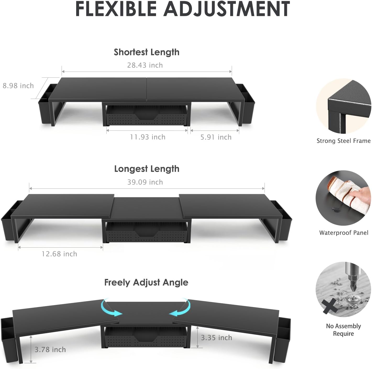 Desk Organizers and Accessories, Dual Monitor Stand Riser with Drawer and 2 Pen Holders, Desk Shelf Metal Computer Monitor Stand for Office Workspace Organizers, Desktop Organization (Black)