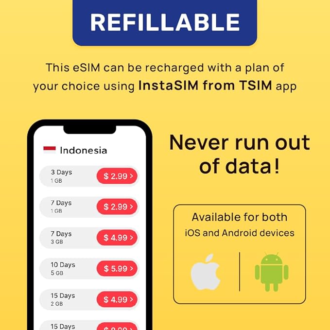 Indonesia eSIM | 5GB Super Economy Refillable Plan! QR Code Sent via Email in 24Hrs - Scan & Use Immediately | Auto Activating 30 Day Validity | Hotspot Allowed | Data-Only No Phone Number