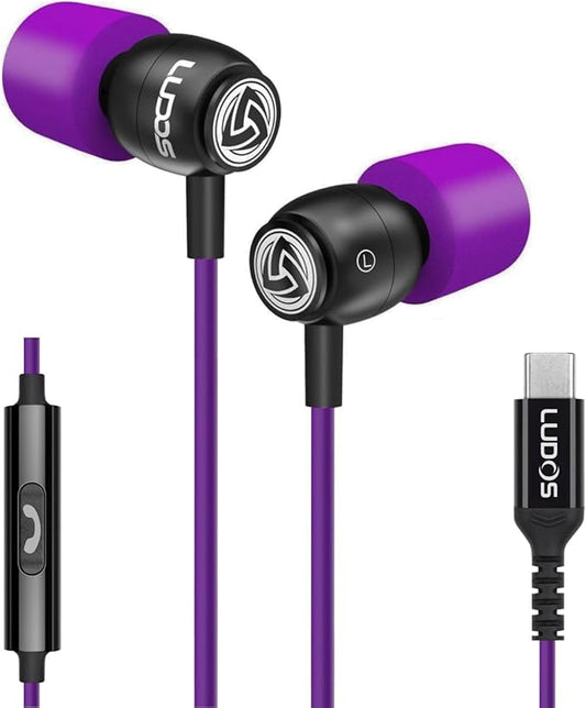 LUDOS Clamor USB C Headphones for iPhone 16 15 Pro Max Plus iPad Pro, 5 Years Warranty, USB-C Earbuds for Samsung Galaxy S24 S23 Ultra S22 S21 FE S20 A55 A54 A53, USB Type C Earphones - Purple
