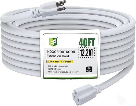 EP 40 Ft Outdoor Extension Cord, 12/3 SJTW Heavy Duty Extension Cable with 3 Prong Grounded Plug, 15 AMP Power Cord for Lawn, Garden, Appliances, White