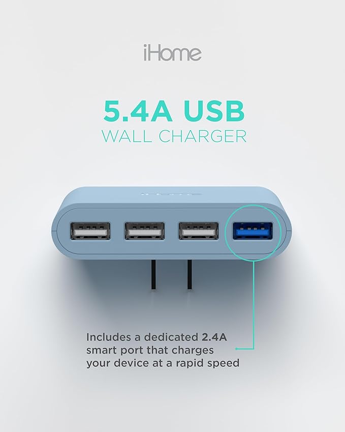 iHome Slim 4-Port USB Wall Charger, AC Pro Multiport Plug Adapter, Phone Charging Block with 4 Ports, Flat USB Wall Adapter for Home & Travel