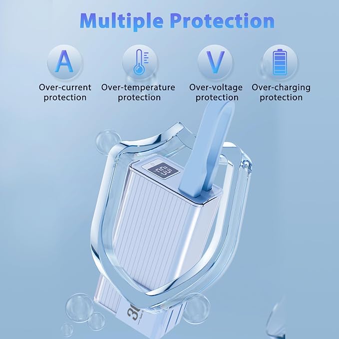 Miady Portable Charger Built-in Foldable Wall Plug, PD 30W 10000mAh Compact Power Bank has USB-C Cable&LED Display, Travel Essential Battery Pack Compatible with iPhone Galaxy SmartPhones (Cream Blue)