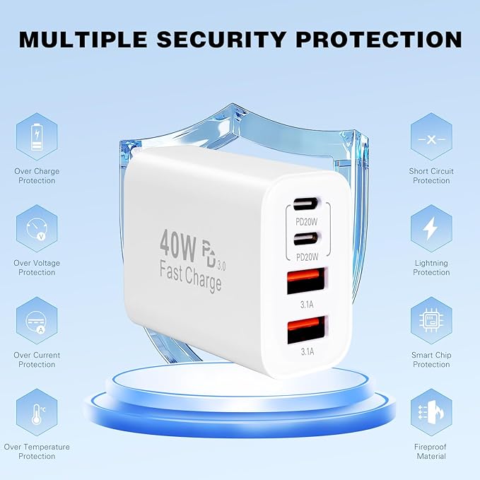 iPhone 17 16 Charger,40W Multiport USB C Charger Fast Charging Block,2Pack 4-Port Type C Phone Chargers 10FT Long Type C Charging Cable for iPhone 17 Pro/17 ProMax/17 Air/16 ProMax/16e/15 Pro/15 Plus