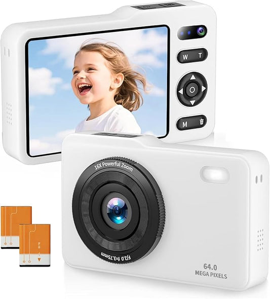 Digital Camera, 64MP Dual Lens Autofocus Point and Shoot Digital Camera, 16x Zoom Vlogging Camera with 2 Batteries, Portable Rechargeable Small Camera for Kids Teens (White)