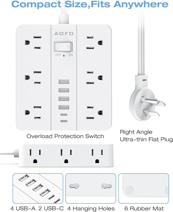 10FT Surge Protector Power Strip,12 AC Outlets with 6 USB Ports (2 USB-C), Flat Plug Extension Cord with Multiple Outlets, Wall Mount for Home Office,Dorm,White