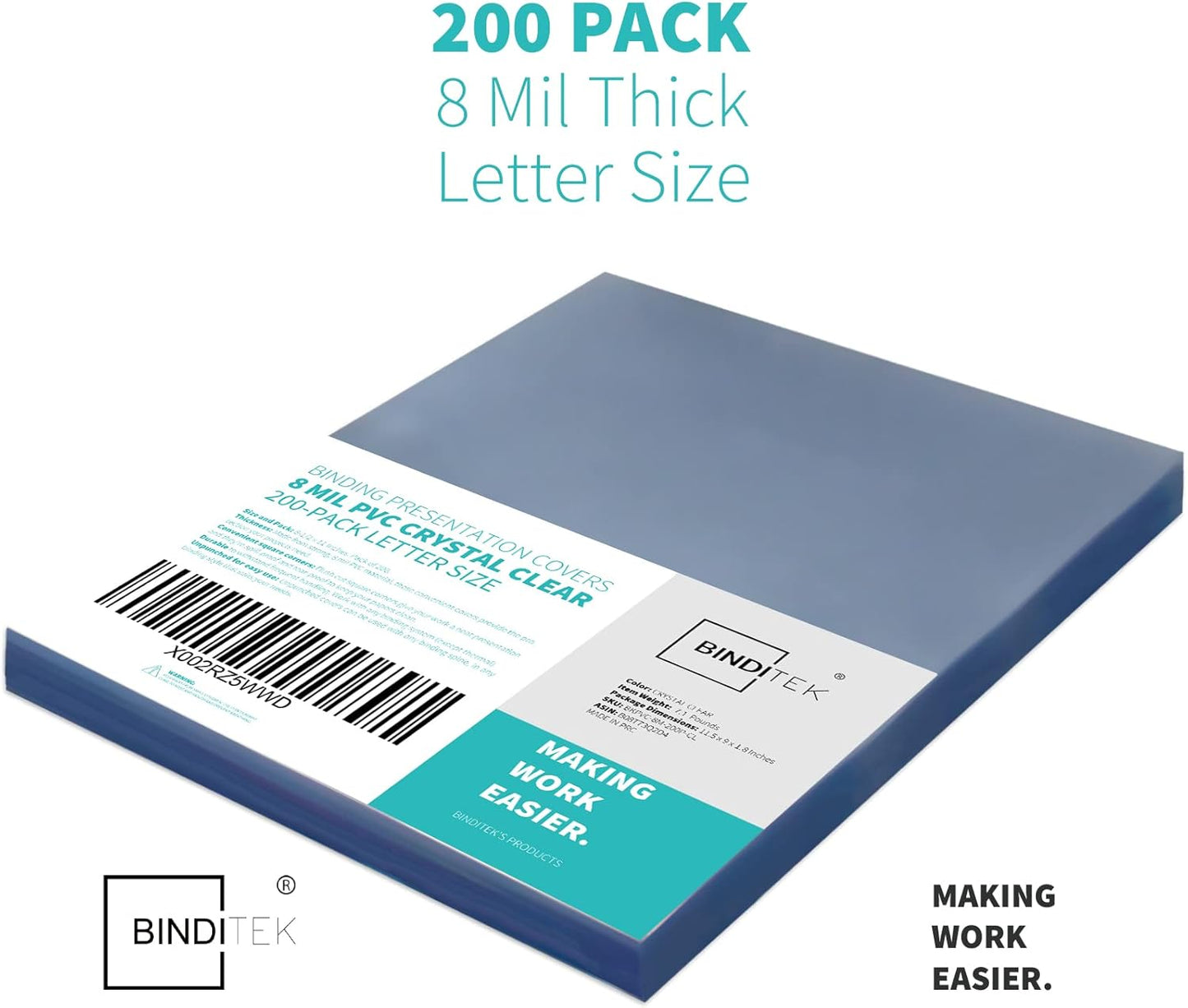 Binditek 200 Pack 8 Mil PVC Clear Binding Covers, 8.5 x 11 Inches, Letter Size, Square Corners, Un-Punched, Office Supplies