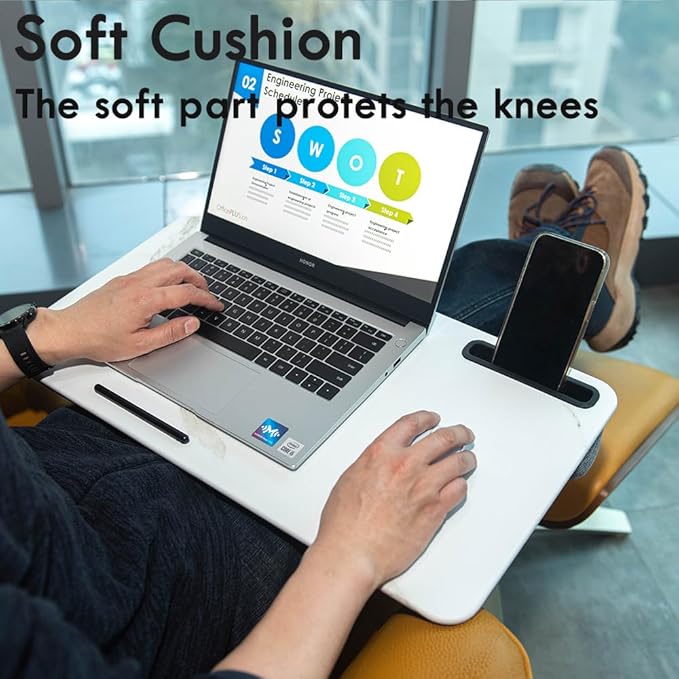 Portable Laptop Desk Fits Up to 16“ Laptops, with Tablet Slot, Built-in Cushion, Great for Home & Office,Lap Desk for Laptop,Lap Desk with Cushion (White Marble, Large)