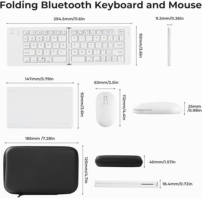 Foldable Keyboard and Mouse, 2.4G Wireless+Dual Bluetooth5.0 Folding Keyboard & Mouse Combos for Business and Travel, USB-C Rechargeable Portable Keyboard Mouse for iPads, Phones, Tablets-White