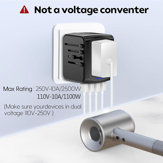 JMFONE Universal Travel Plug Adapter 5 in 1 Charger, European Travel Plug Adapter 2xUSB-A and 2xUSB C Wall Charger with Worldwide AC Outlet,International Power Adapter for Europe USA UK AUS Asia