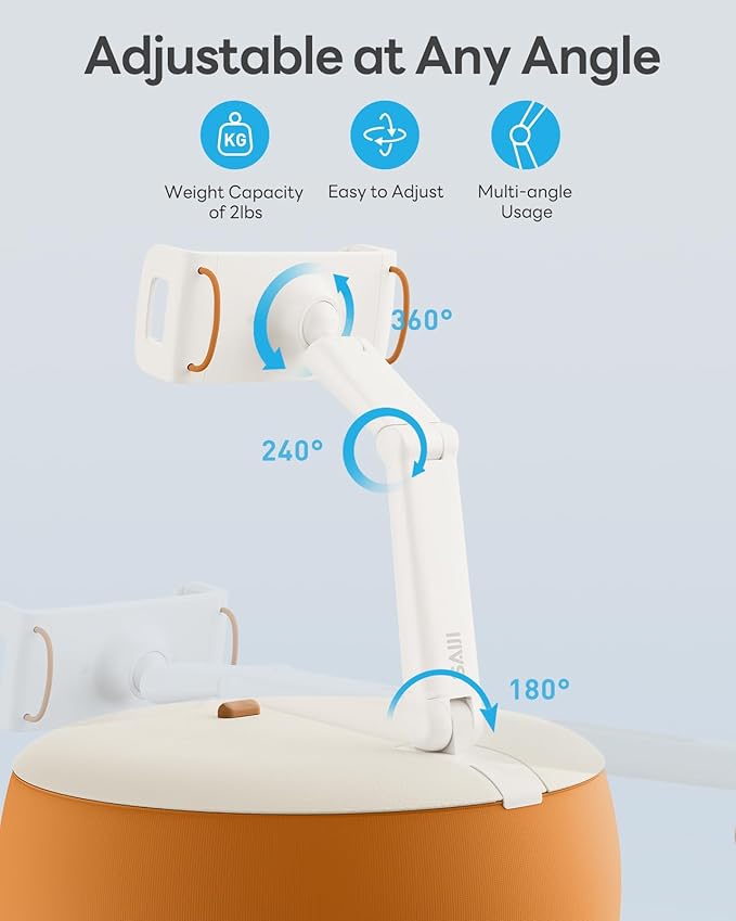 SAIJI Tablet Holder Pillow, Kindle Holder Compatible with 4.7-15.6” Kindle, Phone, Portable Monitor, 360° Adjustable Tablet Stand for Bed with Flexible Dual Axis Arm&Microbead Cushion (Orange)