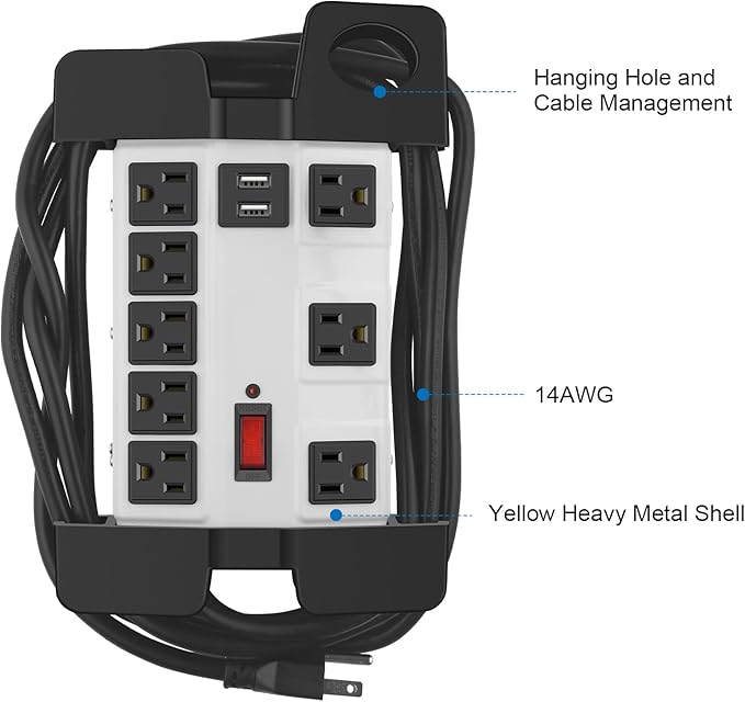 Heavy Duty Power Strip with USB, Workshop 8 Outlet Surge Protector 2700 Joules, Grey Industrial Metal 15Amp Power Strip, 10FT Extension Cord and Wide Spaced.